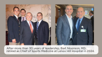A montage of two photos of Dr. Bart Nisonson at his retirement from Lenox Hill Hospital.. In the first image he is pictured with three unidentified male coworkers. The second photo is of Dr. Nisonson with Dr. Marc Kowalsky, a fellow NYOH Alumnus.